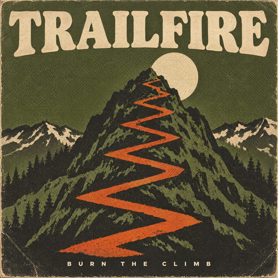 Burn the Climb cover: an orange zigzag trail up a dark olive mountain under a cream sun