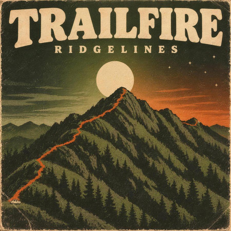 Ridgelines album cover: a rust trail line climbing a dark mountain ridge from a car park, under a cream sun, with the sky turning from dawn to stars