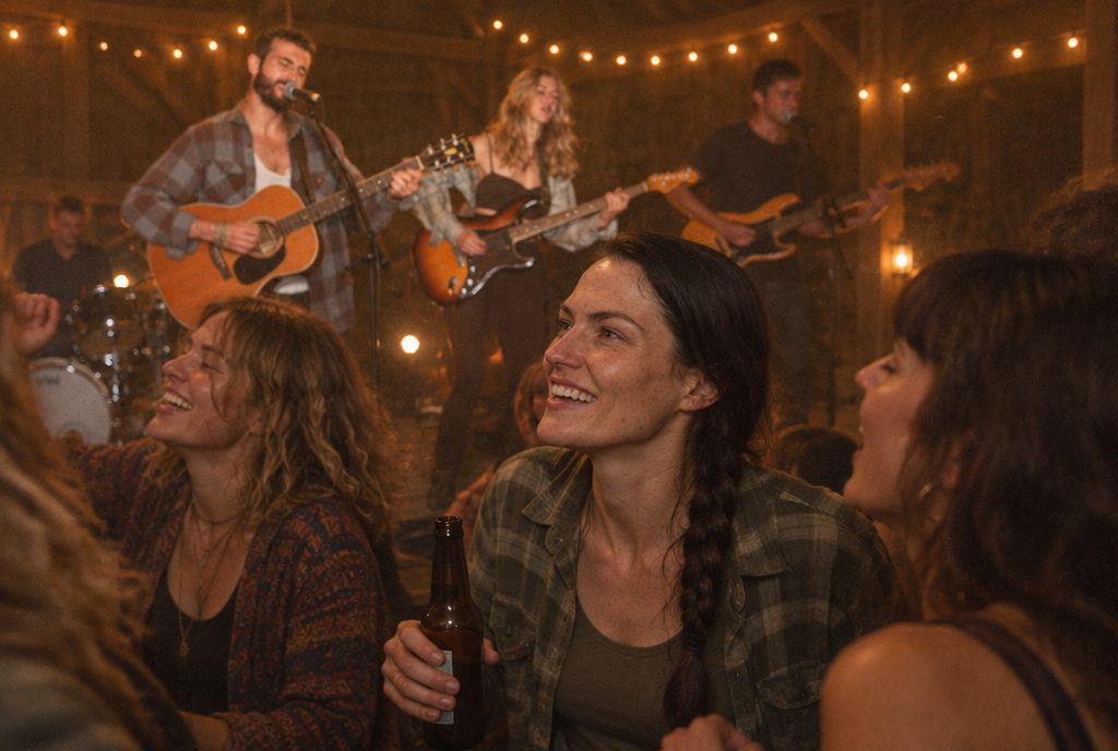 Tam dancing in the front row as Trailfire plays a barn gig under fairy lights