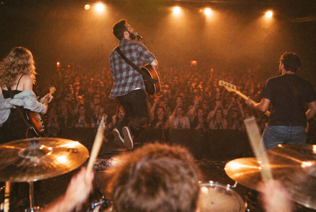 View from behind the drums at a packed Trailfire gig